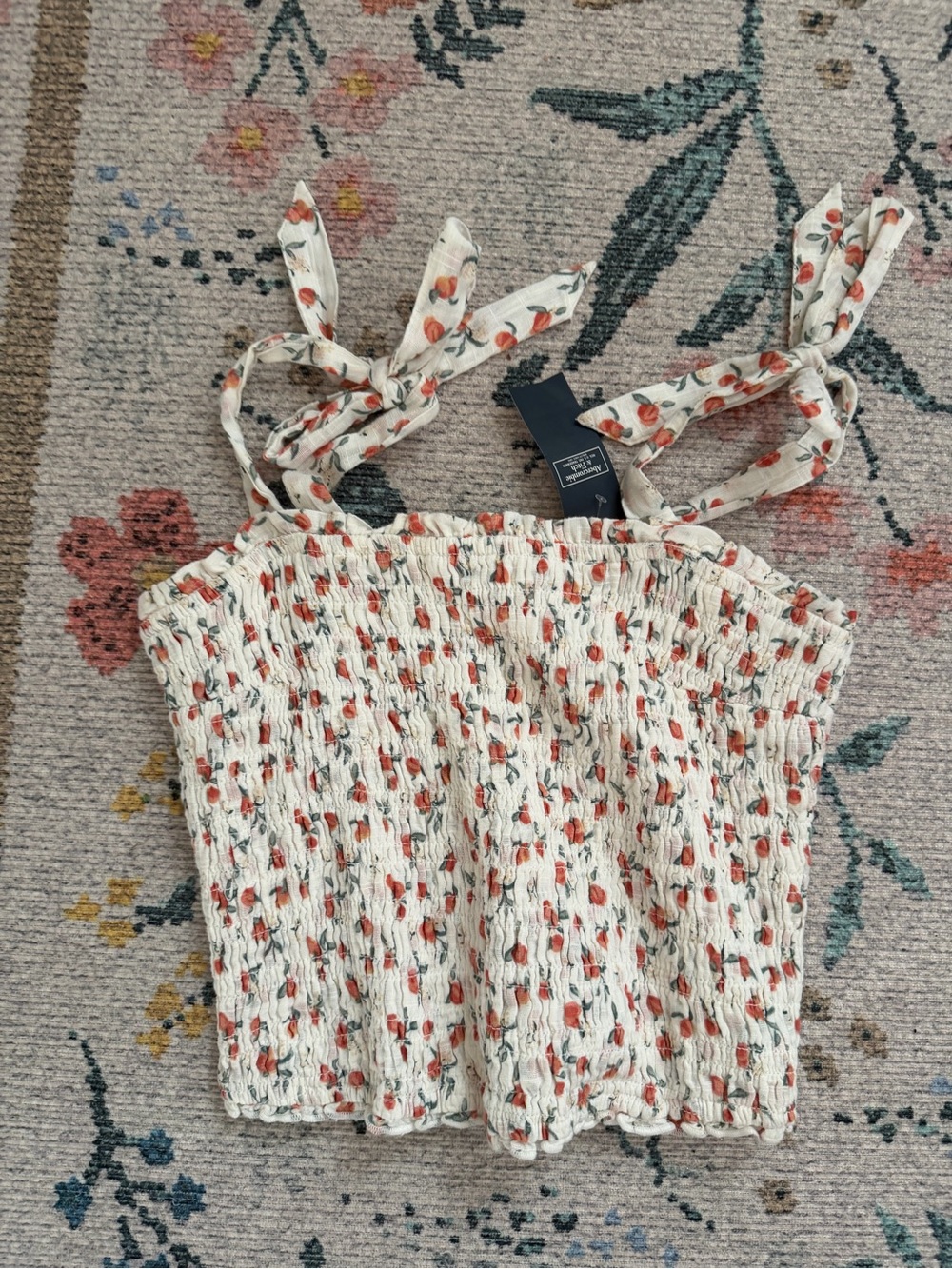 Abercrombie & Fitch Cream Smocked Tie-Strap Camisole with Red Floral